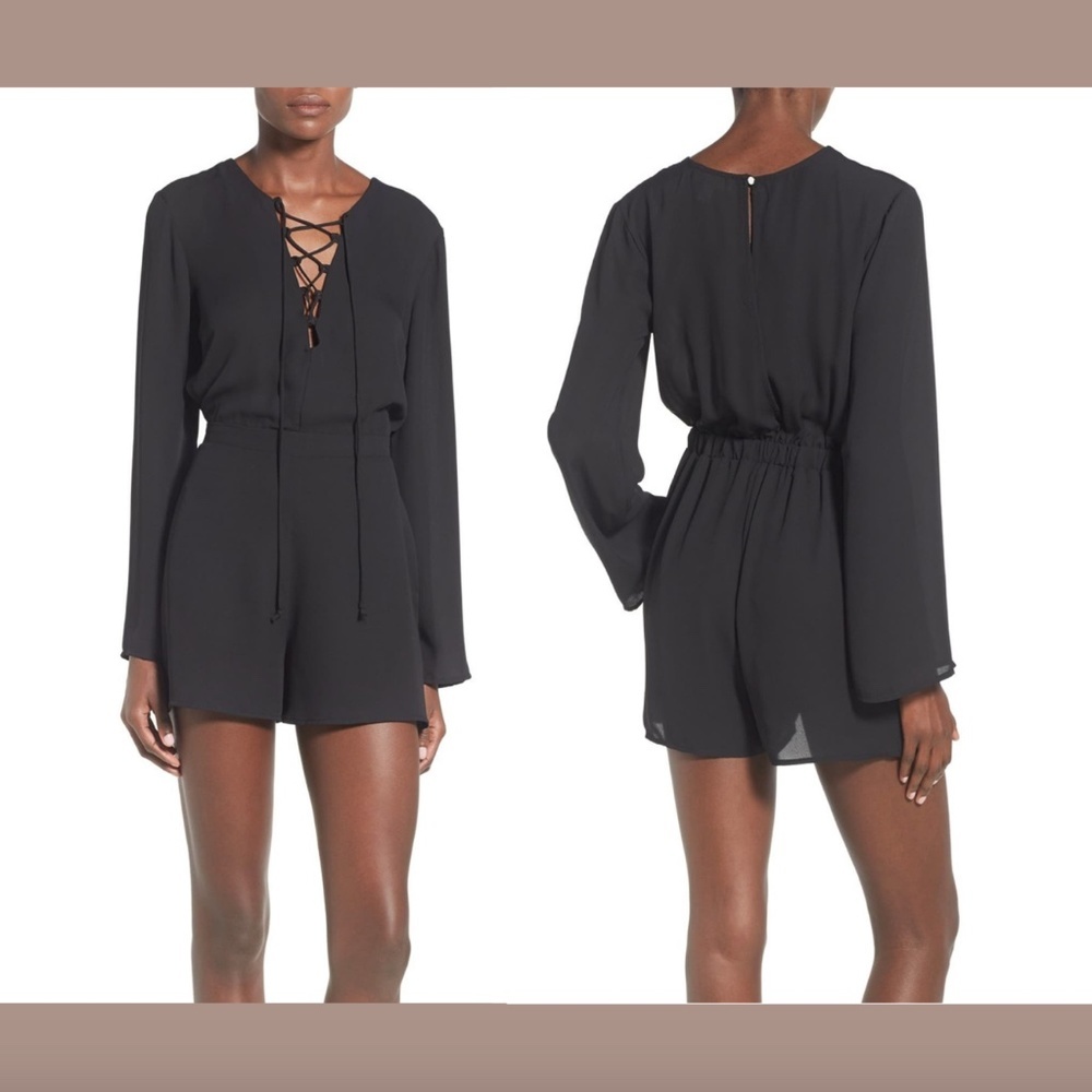 NEW Sun & Shadow Black Chiffon‎ Long Sleeve Lace-Up Romper [ SZ Small ]